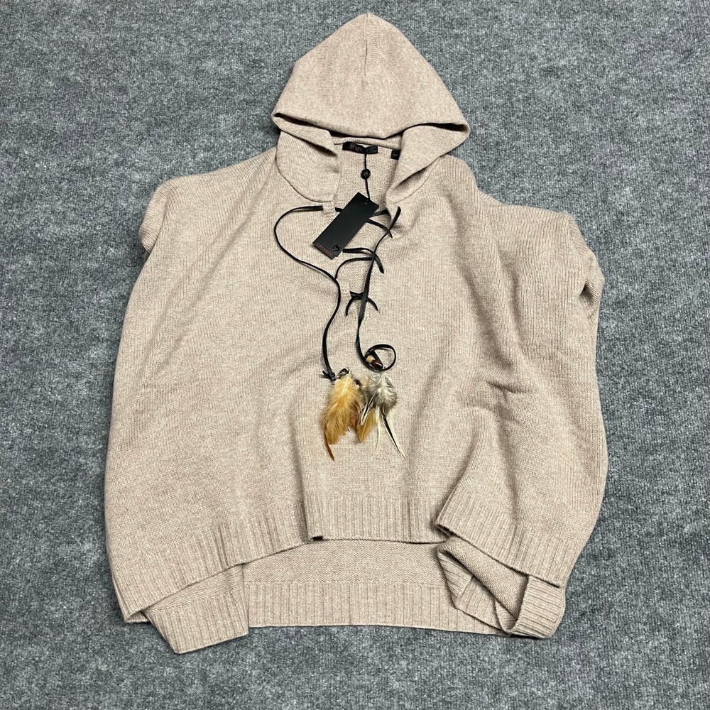 Greyson Poncho Womens One Size Fawn Heather Wool Cashmere Hooded Feather Lace Up